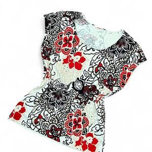 Silk vintage white black and red floral print graphic cap sleeve top